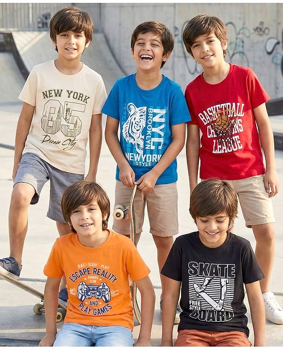 Pine Kids Cotton Knit Half Sleeves Sports & Text Theme Printed T-Shirts Pack Of 5 - Multicolour