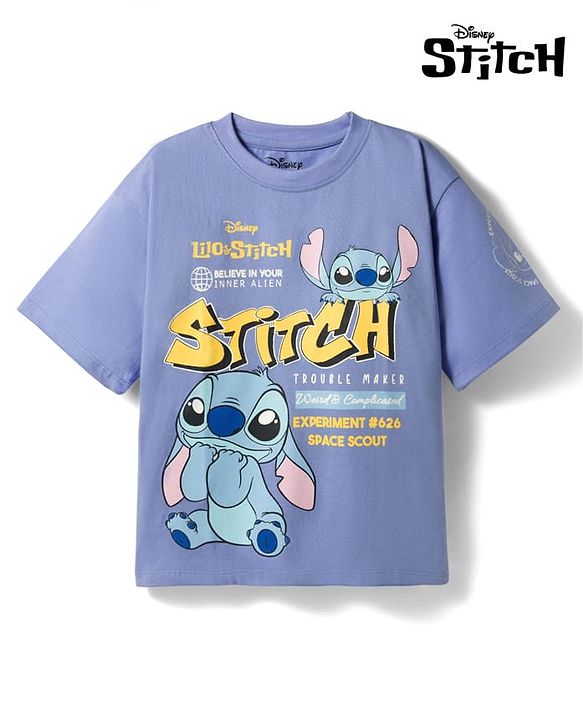 Pine Kids Disney 100% Cotton Knit Half Sleeves T-Shirt With Lilo & Stitch Graphics - Purple