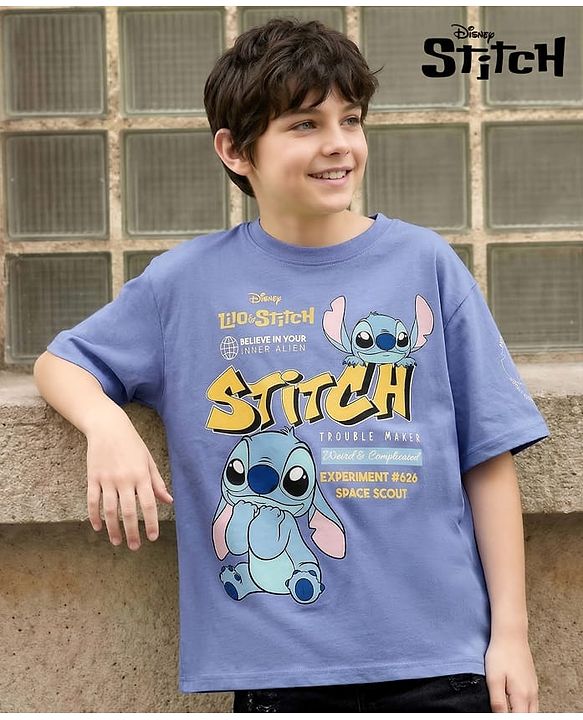 Pine Kids Disney 100% Cotton Knit Half Sleeves T-Shirt With Lilo & Stitch Graphics - Purple