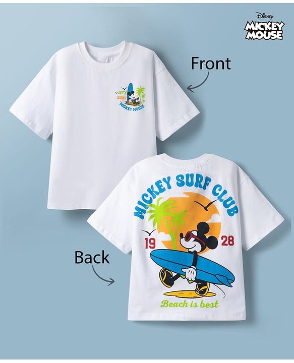 Pine Kids Disney 100% Cotton Knit Half Sleeves T-Shirt With Mickey Mouse Front & Back Print - White