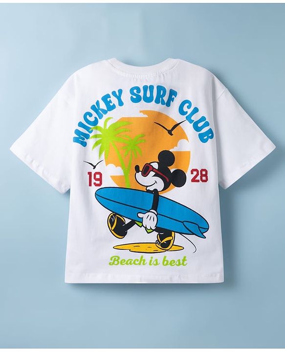 Pine Kids Disney 100% Cotton Knit Half Sleeves T-Shirt With Mickey Mouse Front & Back Print - White