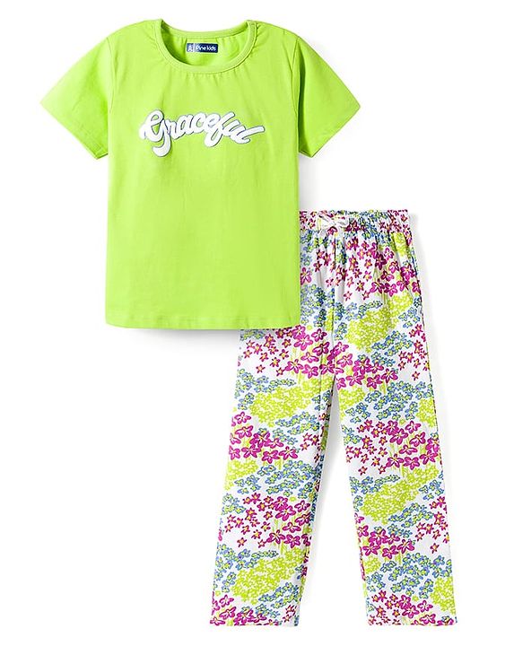 Pine Kids Cotton Knit Half Sleeves Top & Pyjama Night Suit With Floral Print - Lime Green