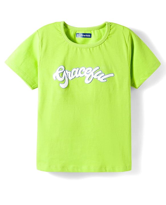 Pine Kids Cotton Knit Half Sleeves Top & Pyjama Night Suit With Floral Print - Lime Green