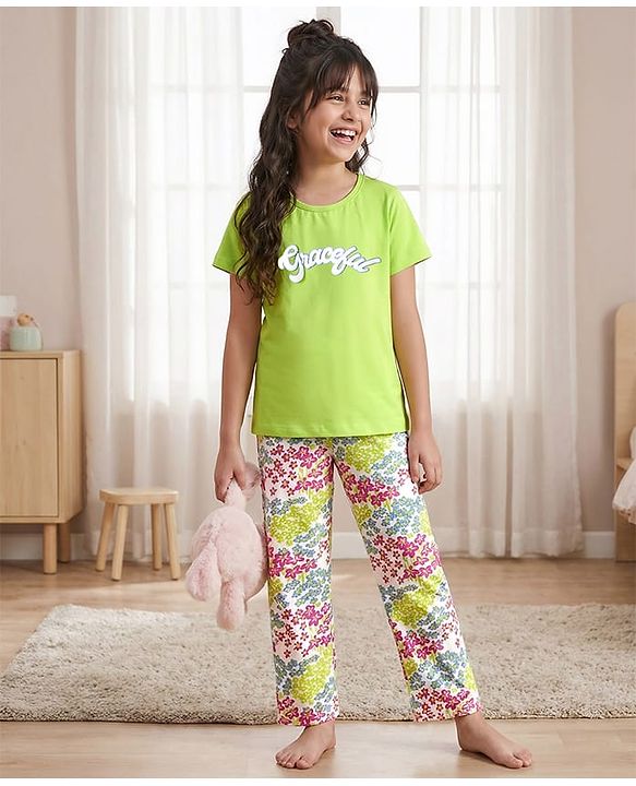 Pine Kids Cotton Knit Half Sleeves Top & Pyjama Night Suit With Floral Print - Lime Green