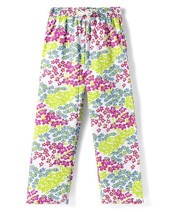 Pine Kids Cotton Knit Half Sleeves Top & Pyjama Night Suit With Floral Print - Lime Green