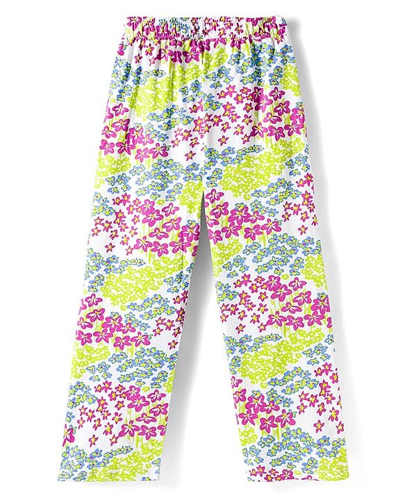 Pine Kids Cotton Knit Half Sleeves Top & Pyjama Night Suit With Floral Print - Lime Green