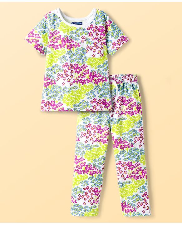 Pine Kids Cotton Knit Half Sleeves Printed Top & Pyjama Co-ord Night Suit - White