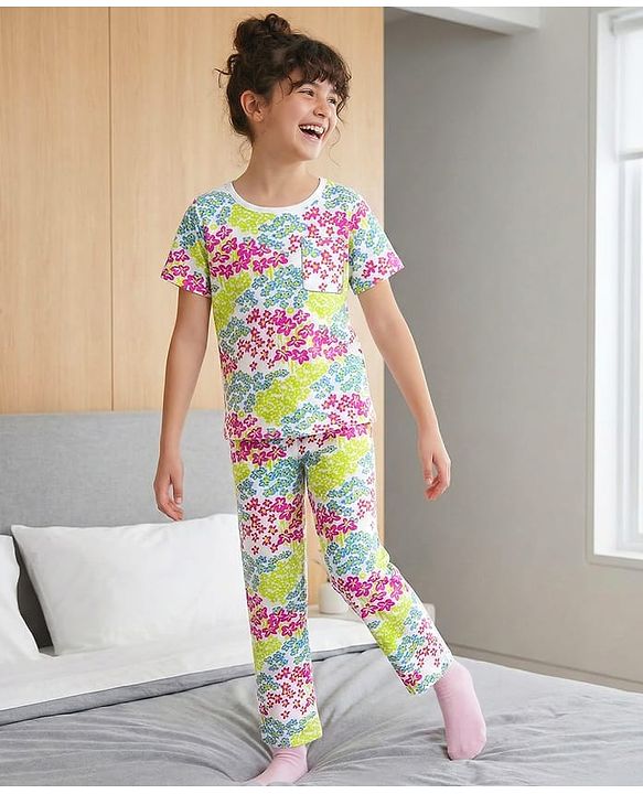 Pine Kids Cotton Knit Half Sleeves Printed Top & Pyjama Co-ord Night Suit - White