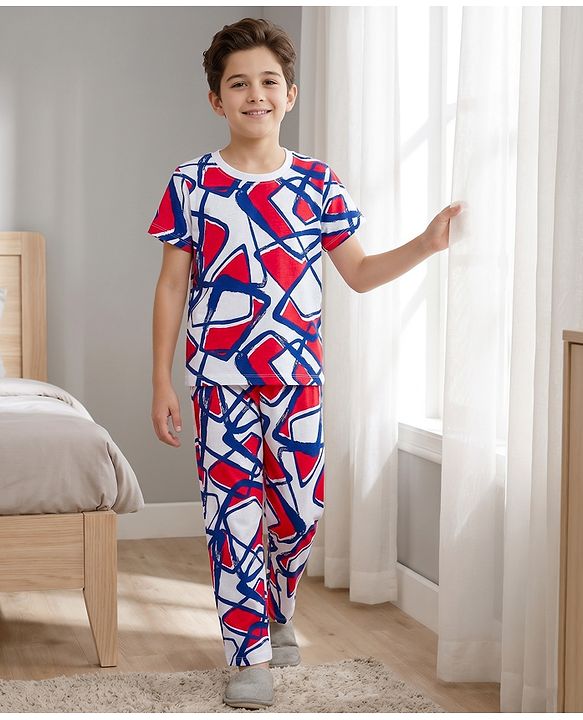 Pine Kids Cotton Knit Half Sleeves Printed Top & Pyjama Co-ord Night Suit - White