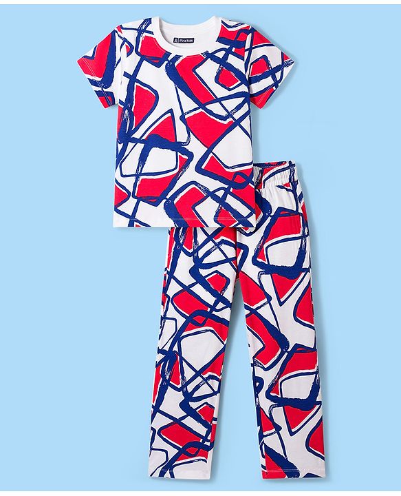 Pine Kids Cotton Knit Half Sleeves Printed Top & Pyjama Co-ord Night Suit - White