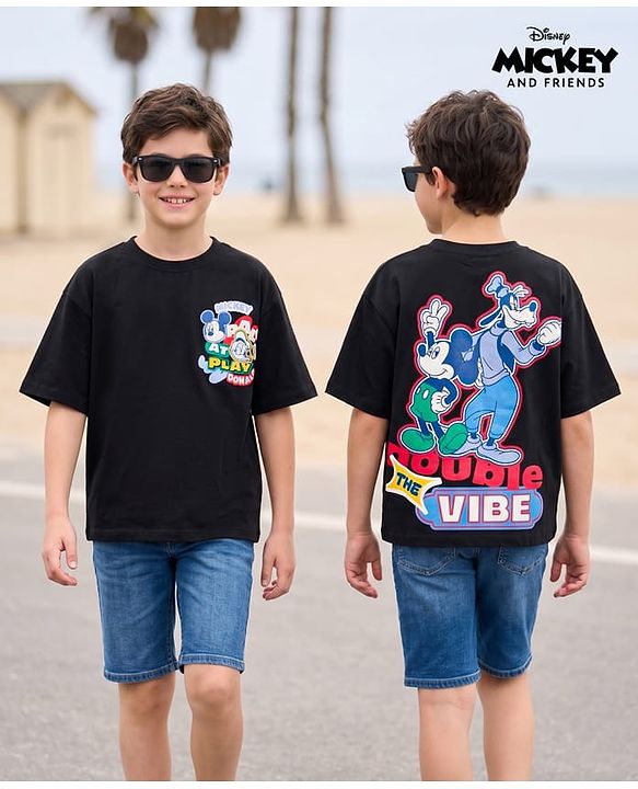 Pine Kids Disney 100% Cotton Knit Half Sleeves T-Shirt With Micky Mouse & Friends Front & Back Print - black