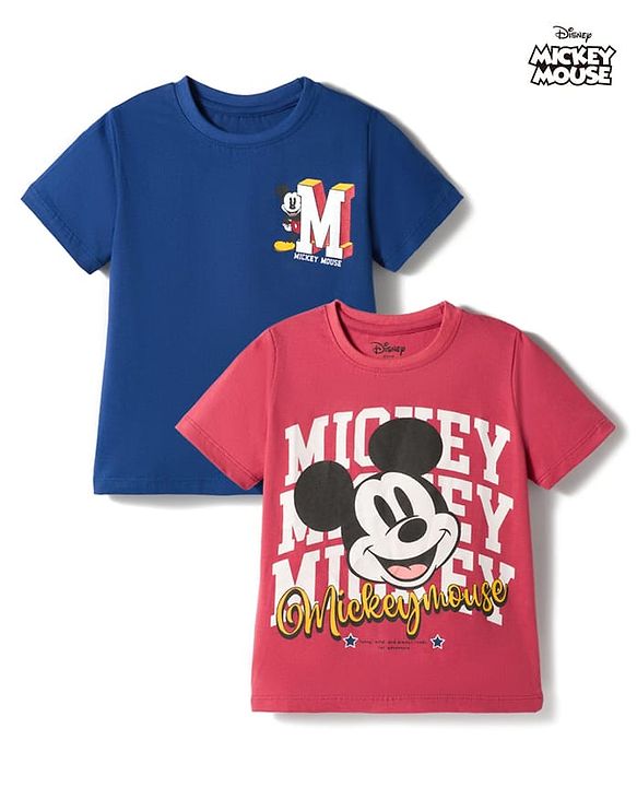 Pine Kids Disney Single Jersey Knit Half Sleeves T-Shirts with Mickey Mouse Graphic Pack of 2 - Navy Blue & Red