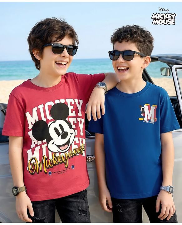 Pine Kids Disney Single Jersey Knit Half Sleeves T-Shirts with Mickey Mouse Graphic Pack of 2 - Navy Blue & Red