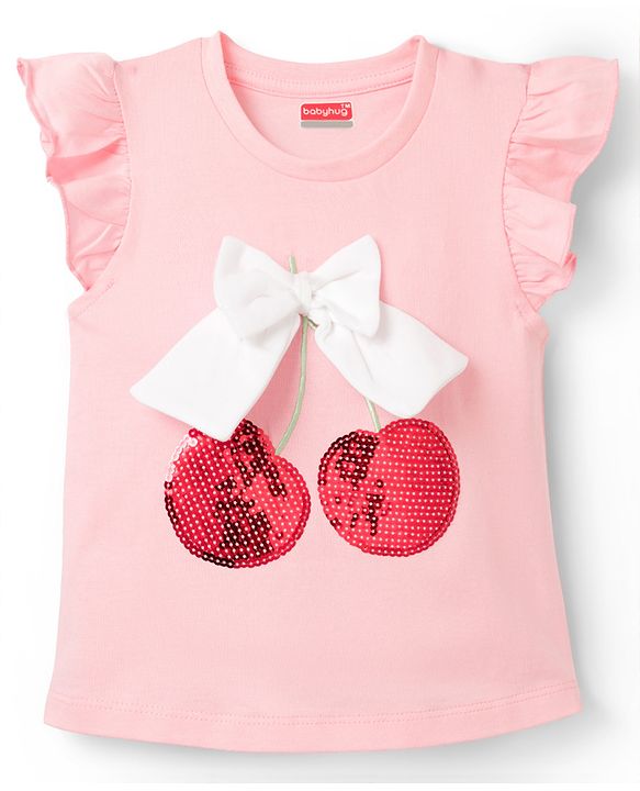 Babyhug Cotton Knit Frill Sleeves  T-Shirt with Bow Applique Cheery Print & Sequin Detailing - Multicolor