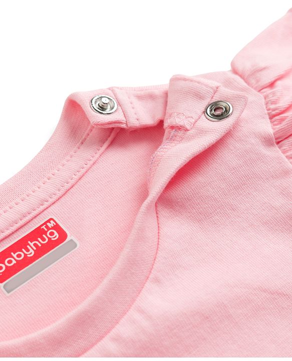 Babyhug Cotton Knit Frill Sleeves  T-Shirt with Bow Applique Cheery Print & Sequin Detailing - Multicolor