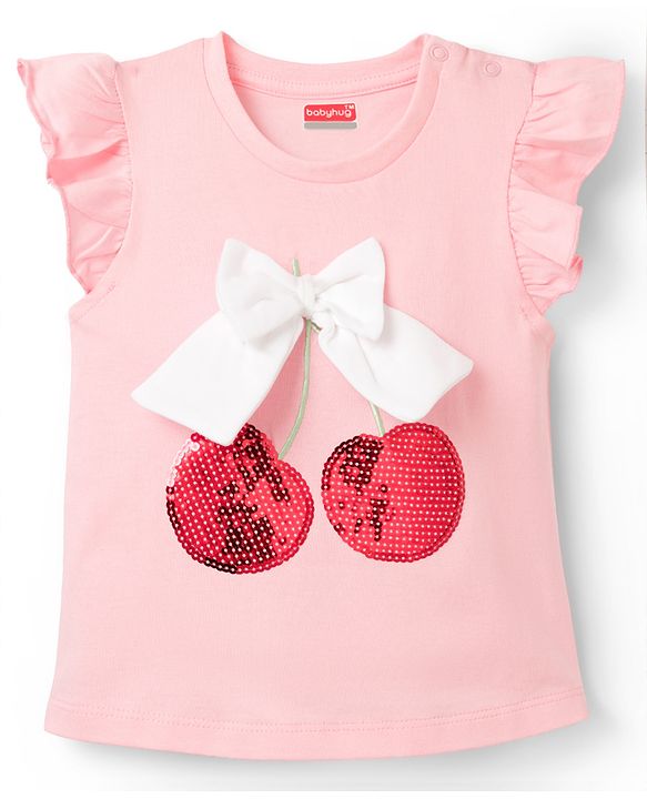 Babyhug Cotton Knit Frill Sleeves  T-Shirt with Bow Applique Cheery Print & Sequin Detailing - Multicolor