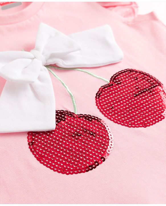 Babyhug Cotton Knit Frill Sleeves  T-Shirt with Bow Applique Cheery Print & Sequin Detailing - Multicolor