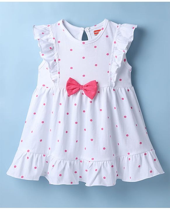 Babyhug 100% Cotton Knit Sleeveless Polka Dots Printed Frock With Bow Applique - White