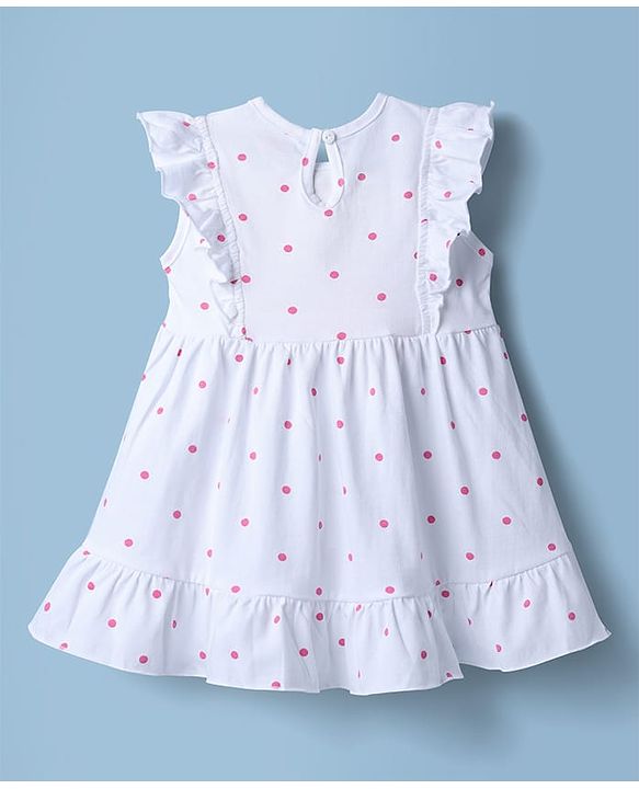 Babyhug 100% Cotton Knit Sleeveless Polka Dots Printed Frock With Bow Applique - White