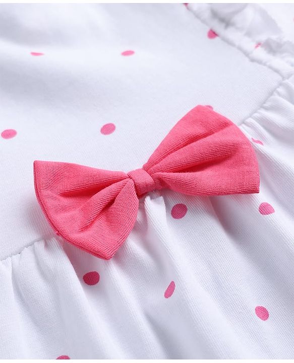 Babyhug 100% Cotton Knit Sleeveless Polka Dots Printed Frock With Bow Applique - White