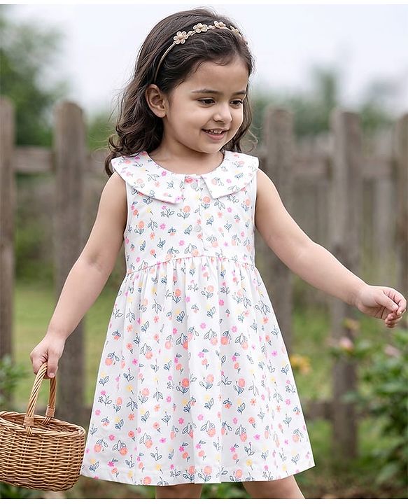 Babyhug Single Jersey Knit Sleeveless Frock with Floral Print - White