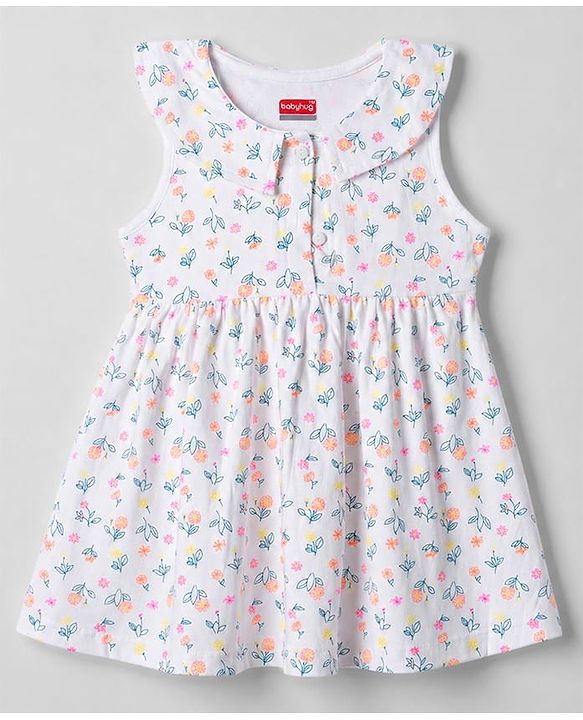 Babyhug Single Jersey Knit Sleeveless Frock with Floral Print - White