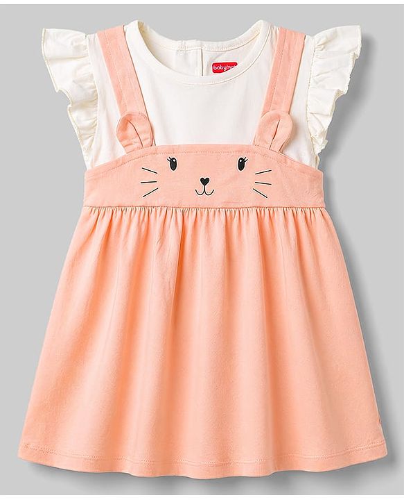 Babyhug Cotton Knit One Piece Dresses/Frocks with Ruffle Sleeves Peach 0-3 Months