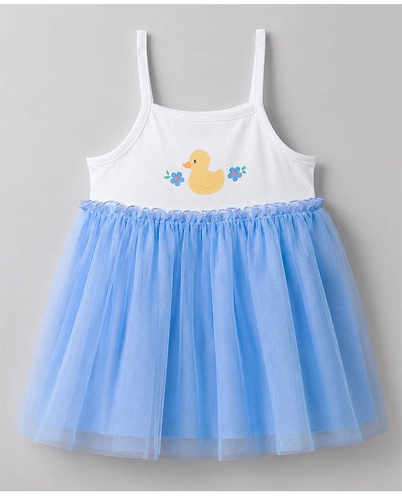Babyhug Mesh Knit Sleeveless Frock With Duck Print - Light Blue