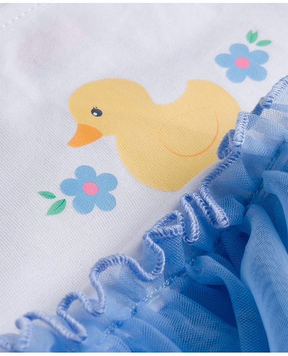 Babyhug Mesh Knit Sleeveless Frock With Duck Print - Light Blue