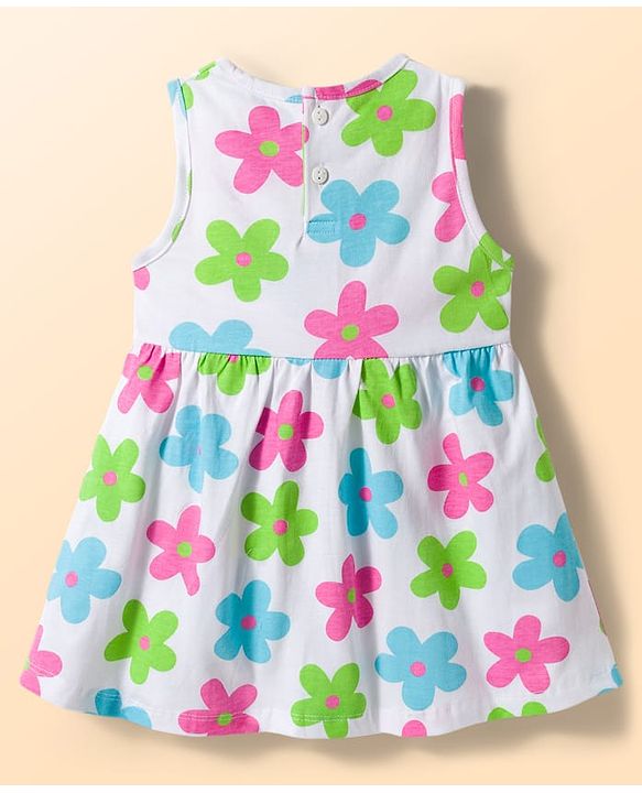 Babyhug Single Jersey Knit Sleeveless Frock With Floral Print & Bow Applique - White