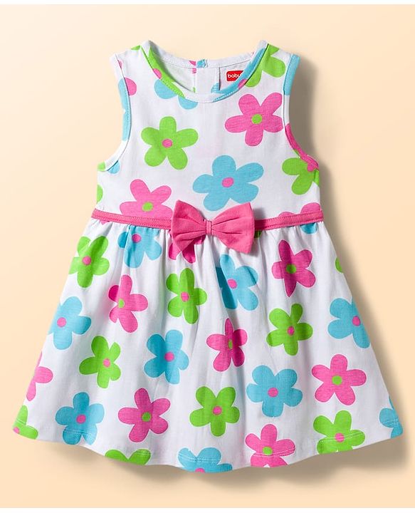 Babyhug Single Jersey Knit Sleeveless Frock With Floral Print & Bow Applique - White