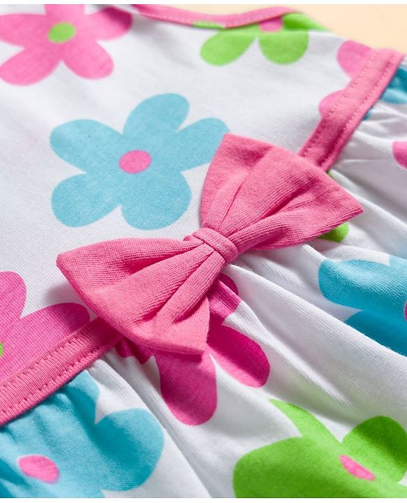 Babyhug Single Jersey Knit Sleeveless Frock With Floral Print & Bow Applique - White