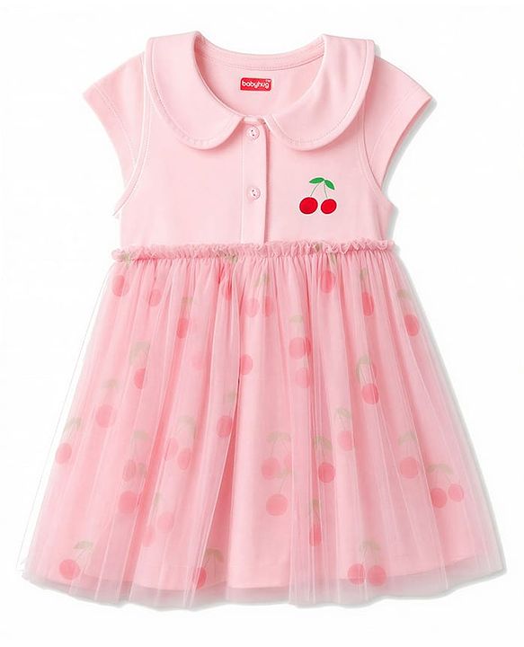 Babyhug Mesh Knit Half Sleeves Cherry Printed Frock - Pink