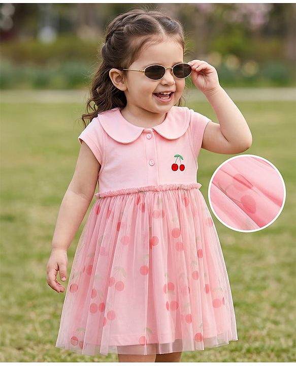 Babyhug Mesh Knit Half Sleeves Cherry Printed Frock - Pink