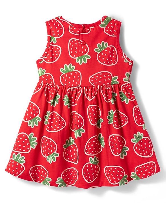 Babyhug Single Jersey Knit Sleeveless Frock With Strawberry Print & Bow Applique - Red