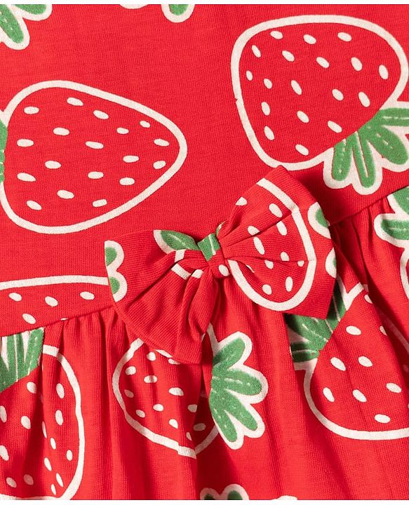 Babyhug Single Jersey Knit Sleeveless Frock With Strawberry Print & Bow Applique - Red