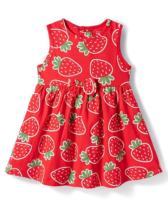 Babyhug Single Jersey Knit Sleeveless Frock With Strawberry Print & Bow Applique - Red