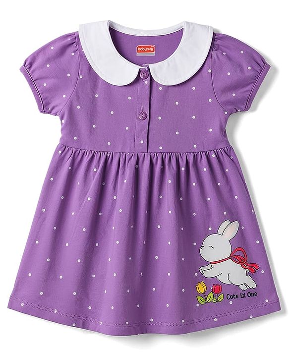 Babyhug Cotton Knit One Piece Dress with Peter Pan Collar and Polka Dot & Bunny Print Purple 3-6 Months