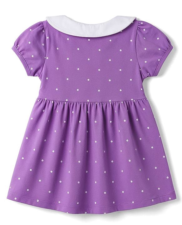Babyhug Cotton Knit One Piece Dress with Peter Pan Collar and Polka Dot & Bunny Print Purple 3-6 Months