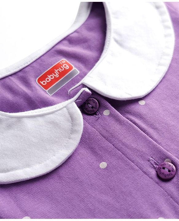 Babyhug Cotton Knit One Piece Dress with Peter Pan Collar and Polka Dot & Bunny Print Purple 3-6 Months