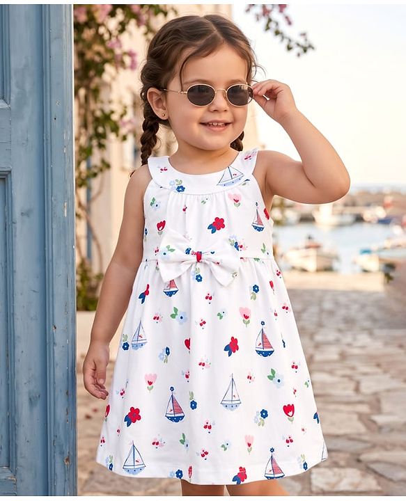 Babyhug Cotton Knit One Piece Dresses/Frocks Sleeveless with Sailor Print White 3-6 Months