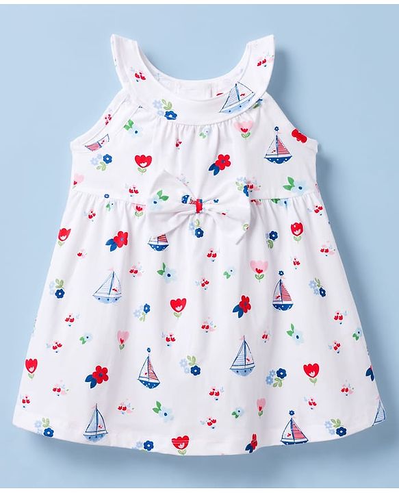 Babyhug Cotton Knit One Piece Dresses/Frocks Sleeveless with Sailor Print White 3-6 Months