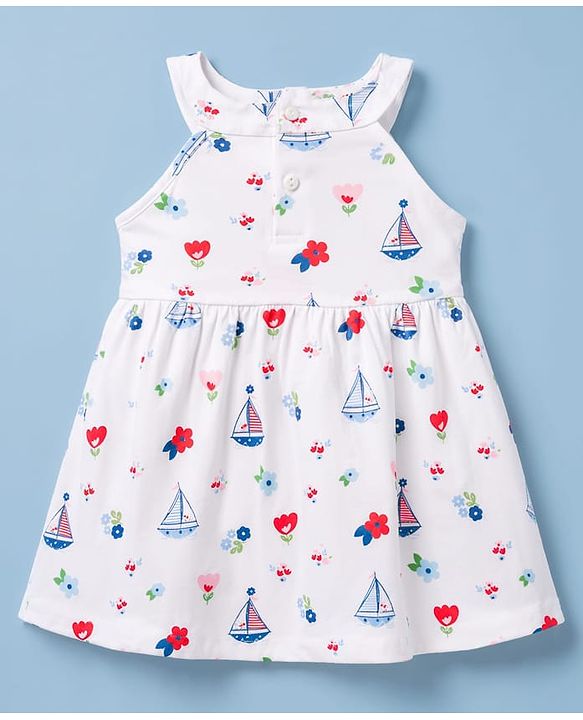 Babyhug Cotton Knit One Piece Dresses/Frocks Sleeveless with Sailor Print White 3-6 Months