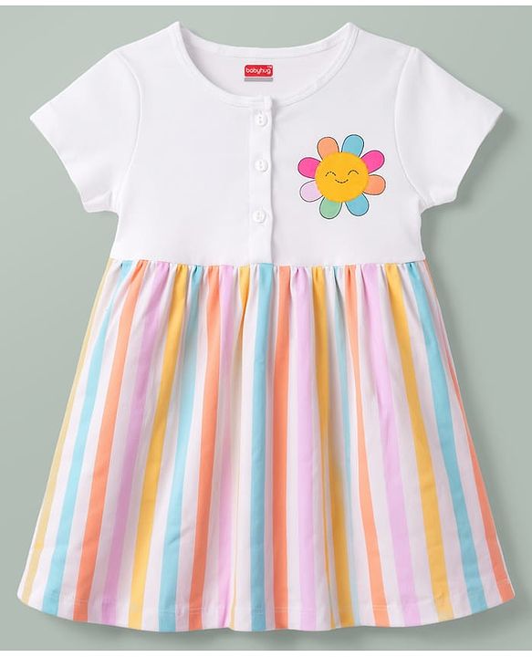 Babyhug Cotton Knit One Piece Dresses/Frocks with Half Sleeves and Round Neck White 0-3 Months