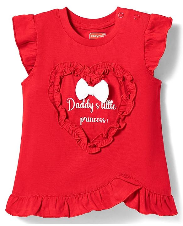 Babyhug Cotton Knit T-Shirt with Graphic Print and Ruffled Sleeves Red 6-9 Months
