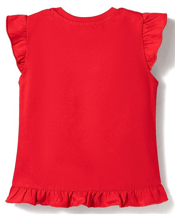 Babyhug Cotton Knit T-Shirt with Graphic Print and Ruffled Sleeves Red 6-9 Months