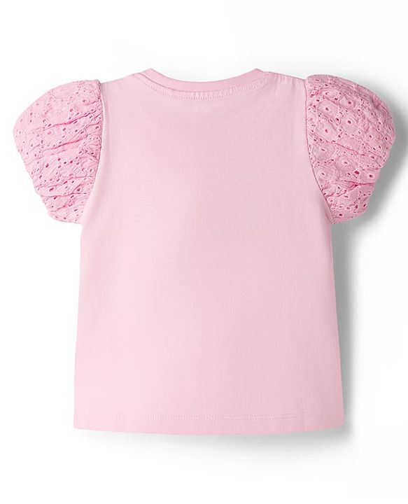 Babyhug Cotton Knit T-Shirt with Graphics, Schiffli and Embroidery Detailing Pink 9-12 Months