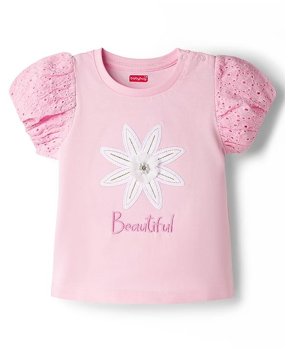 Babyhug Cotton Knit T-Shirt with Graphics, Schiffli and Embroidery Detailing Pink 9-12 Months