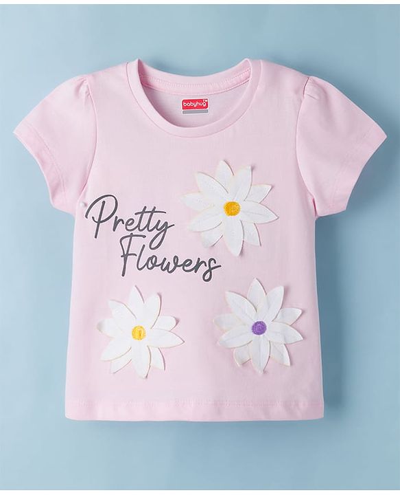 Babyhug 100% Cotton Knit Half Sleeves Oversized T-Shirt With Floral Applique - Pink