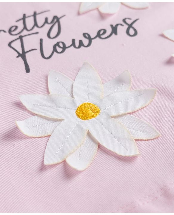 Babyhug 100% Cotton Knit Half Sleeves Oversized T-Shirt With Floral Applique - Pink